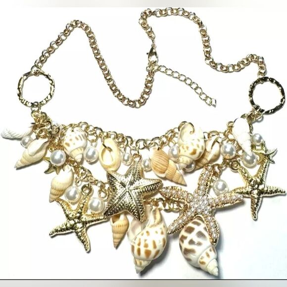 New Jewelry Necklace Gold Chain Bib Ocean Shell Starfish Pearl Charms Beaded - Picture 1 of 1